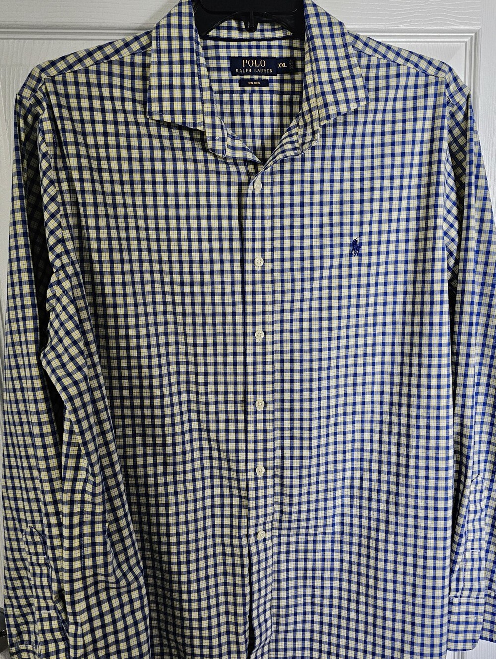 Ralph Lauren Blue, White, Yellow Plaid 100% Cotton No Iron Button-Down Shirt XXL